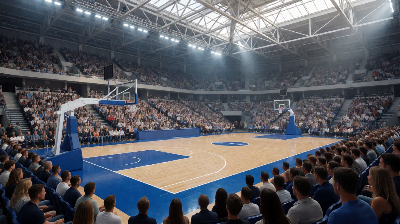 篮球场全景，展示NBA与CBA赛事覆盖